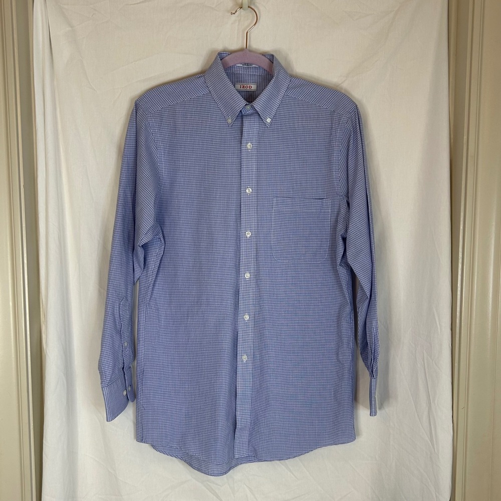IZOD Mens‎ Dress Shirt Wrinkle Free Quick Dry Blue Gingham Checkered Button Up